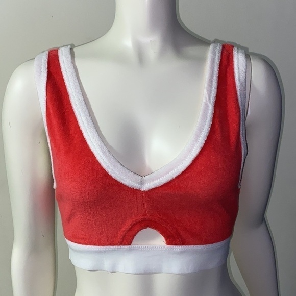 ZARA Red White Terrycloth Cotton Polyester Cropped Bra Plunged Bralette Medium - Picture 2 of 9